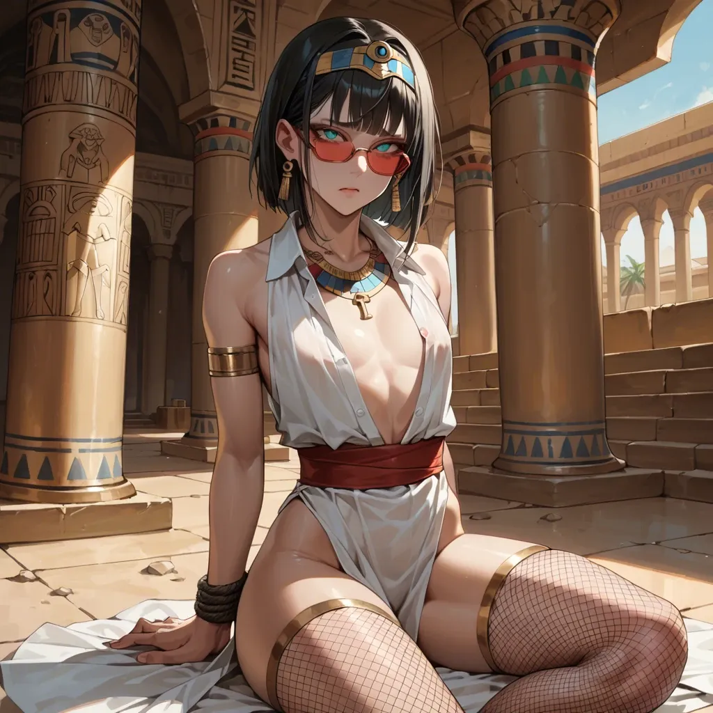 1girl,solo, , , , crossed eyes,fishnet thighs,flat chest,relationship,necklace, turquoise eyes,bound hands,huge boobs,clenched waist,wide shoulders, collared shirt,egyptian palace,red sunglasses,no bra,black boots, jean hotpants,anklets,sailor collar,highleg leotard,armored boots, dark green gown,leggings,jester cap,print panties,strappy sandals, bare shoulder, crowded train, castle, holding dildo, anime a, dark roots, lara croft, spider-gwen