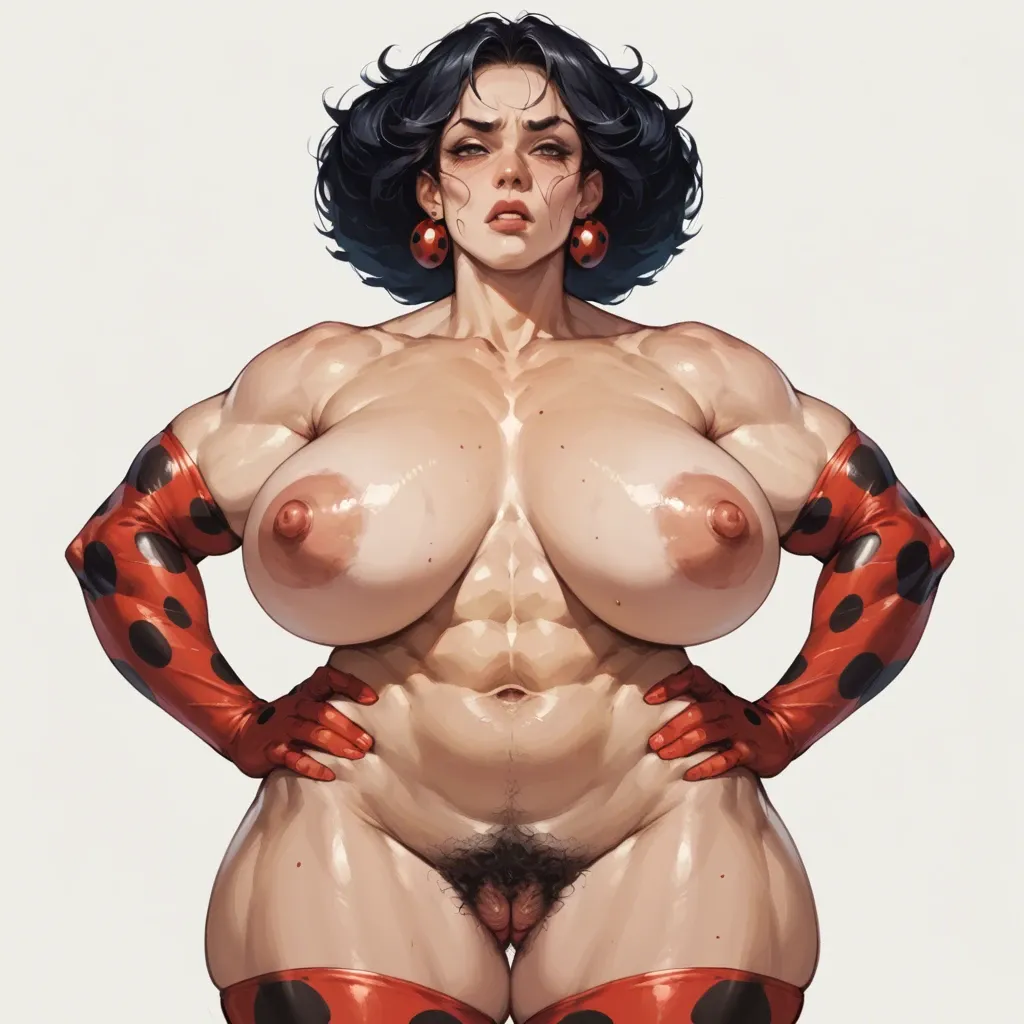 Marinete from Ladybug, big oversized tits, hairy puffy pussy, hands on hips,