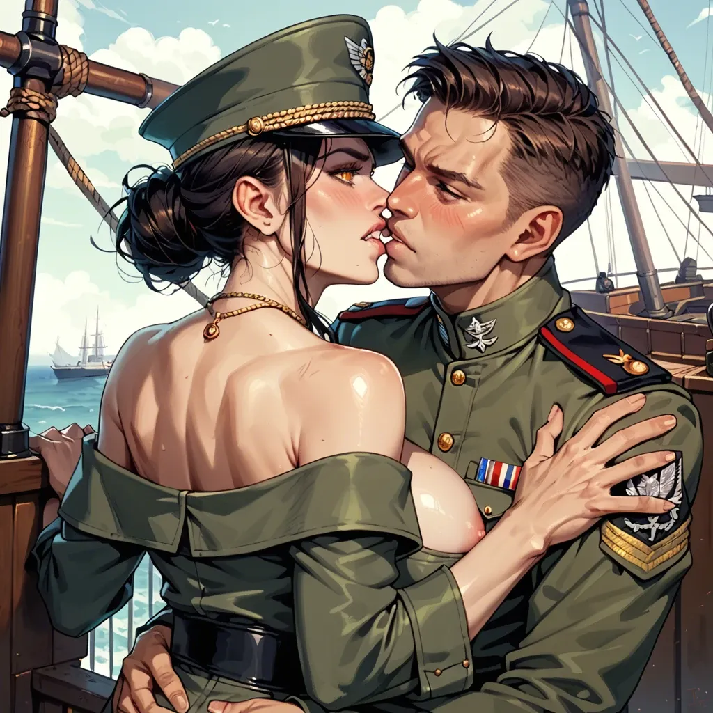 1girl,1boy, , , , amber eyes,blushing skin,perky tits,hip,necklace, biting lip,detailed hand,huge breasts,look back,bare shoulder, perfect teeth,in army uniform,hard nipple,ship,kissing neck, glittery dress,knee socks,black belt,beige bra,high heels, cow costume,leggings,sports cap,bra,strappy sandals, cocktail dress,fishnet thighs,tie,black bikini,strappy sandals, baroque, river, cyberpunk, sex on table, tifa lockhart, dynamics