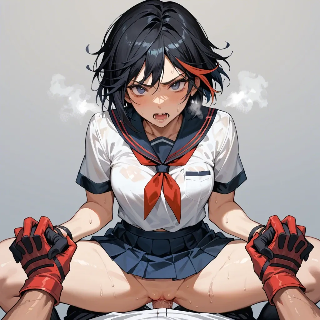 1girl, Ryuko Matoi, source_anime, anime, vaginal, holding hands, shirt, skirt, bottomless, sitting, pov, heavy breathing, looking at viewer, open mouth, gloves