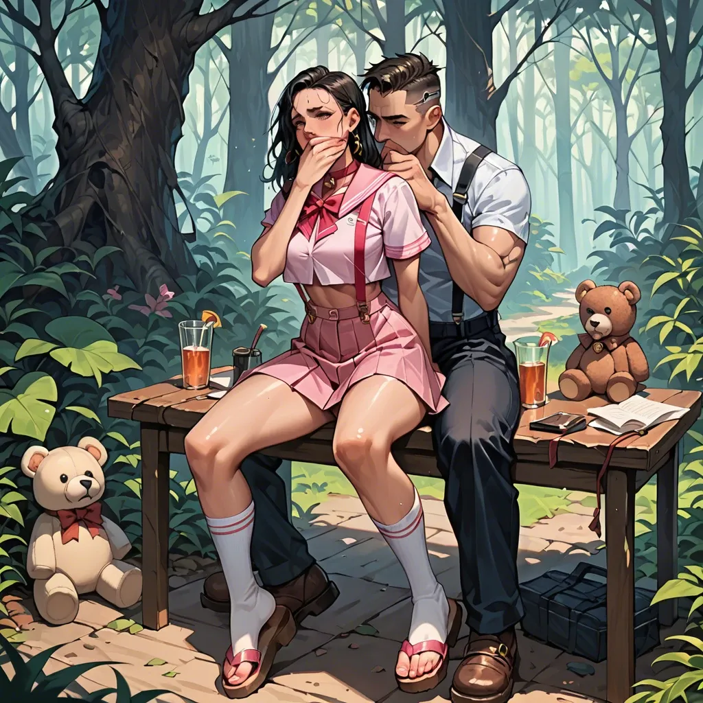 1girl,1boy, , , , bushy eyebrow,hand over mouth,huge boobs,backwards,neck bell, pink crop top,socks,suspenders,teddy,strappy sandals, school uniform, fantasy forest, cyberpunk, hands on table, miku