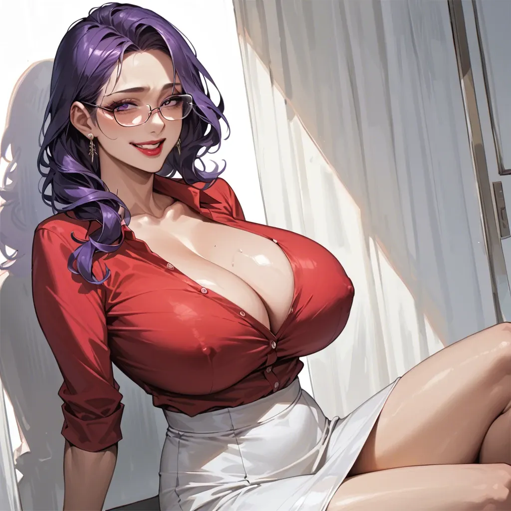 Korean Milf, layered bob, purple hair, purple eyes, lipstick, oval glasses, massive breasts, hourglass figure, red shirt, white skirt, smiling, sitting