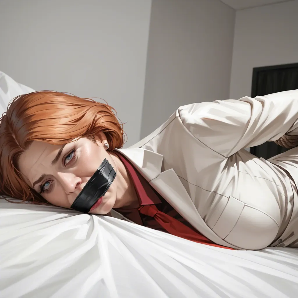 4k,realistic realistic,full detailed,accurate,lois griffin,mature,milf,skinny,slim,business suit,pain,bed,laying on stomach,tape bondage,hogtied,arms behind back,tape gag