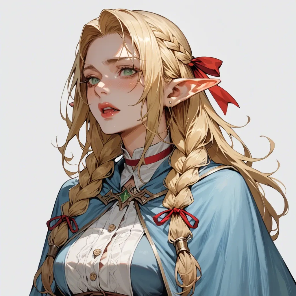 long hair, blonde hair, braids, green eyes, pointy ears, elf ears, red hair ribbon, red choker, light blue capelet, blue robe