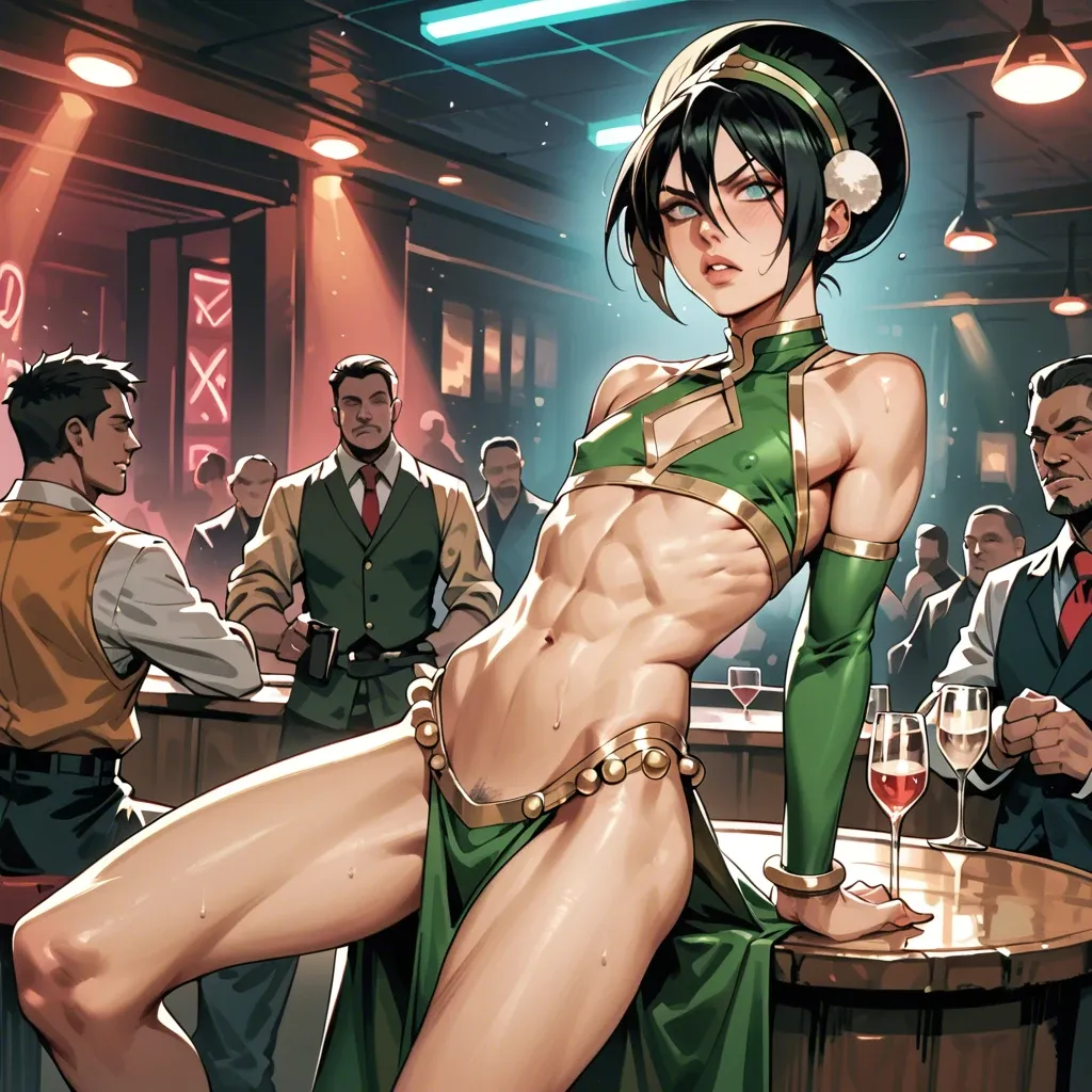 Toph beifong, strip club, exotic outfit, skimpy, flat chested, green outfit, grinding against cock,