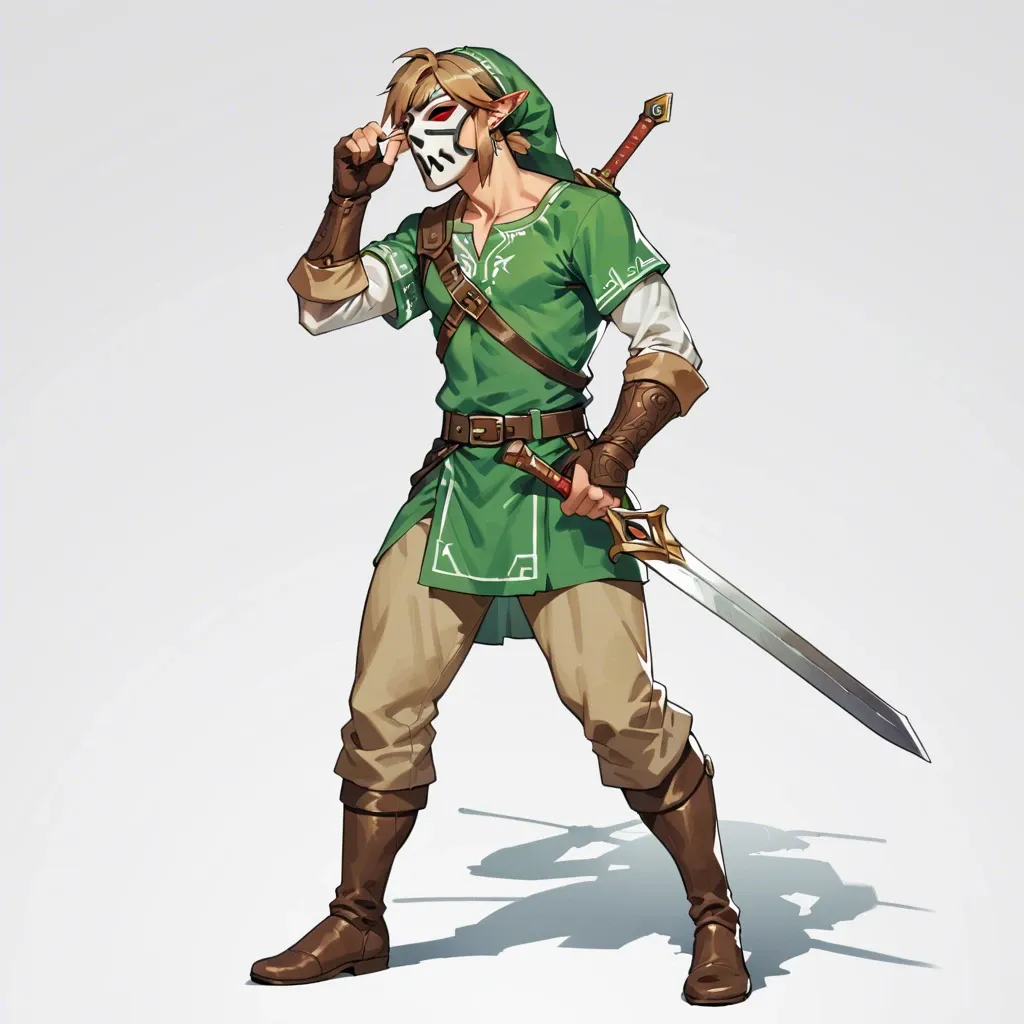 Link from a legend of zelda holding a mask in his hand full body  standing