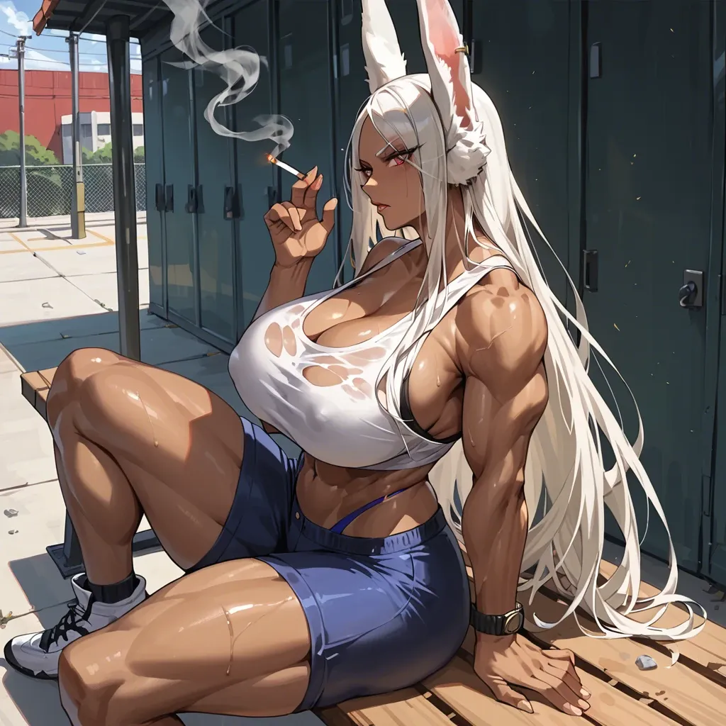 Miruko is sitting on a bench after exercising and smoking a cigarette, (anime styled illustration), she has huge gigantic massive tits