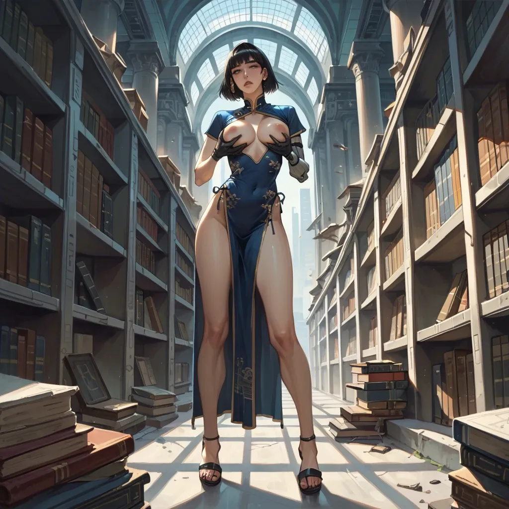 1girl,solo, , , , china dress,mechanical arm,big perky boobs,grab breast,skinny body, lifted t-shirt,egyptian palace,black gloves,crotchless,sandals, library stacks, new york city, spaceship, android 18, lara croft, waifu