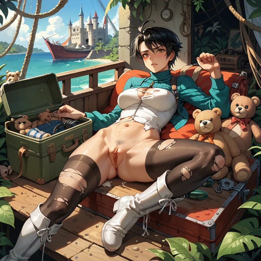 1girl,solo, , , , facial freckles,establishing,perky breast,ship,turtleneck, unzipped pants,torn thighhighs,strings,teddy,white boots, oozora subaru, in jungle, castle, luggage, waifu