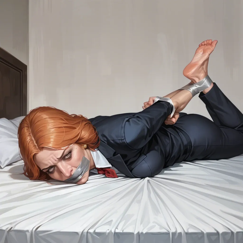 realistic realistic,full detailed,accurate,lois griffin,mature,milf,skinny,slim,business suit,pain,bed,laying on stomach,tape bondage,hogtied,arms behind back,tape gag