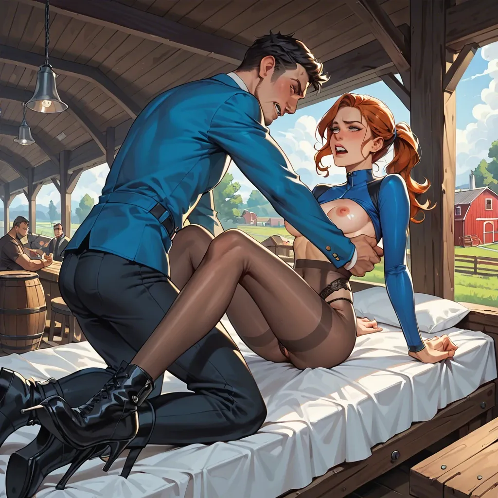 1girl,1boy, , , , teeth tight,high heel,perky tits,medium breast,knees, blue jacket,tights,strings,lace thong,black boots, barn, train, tavern, bedsheets, grabbed, ymir fritz