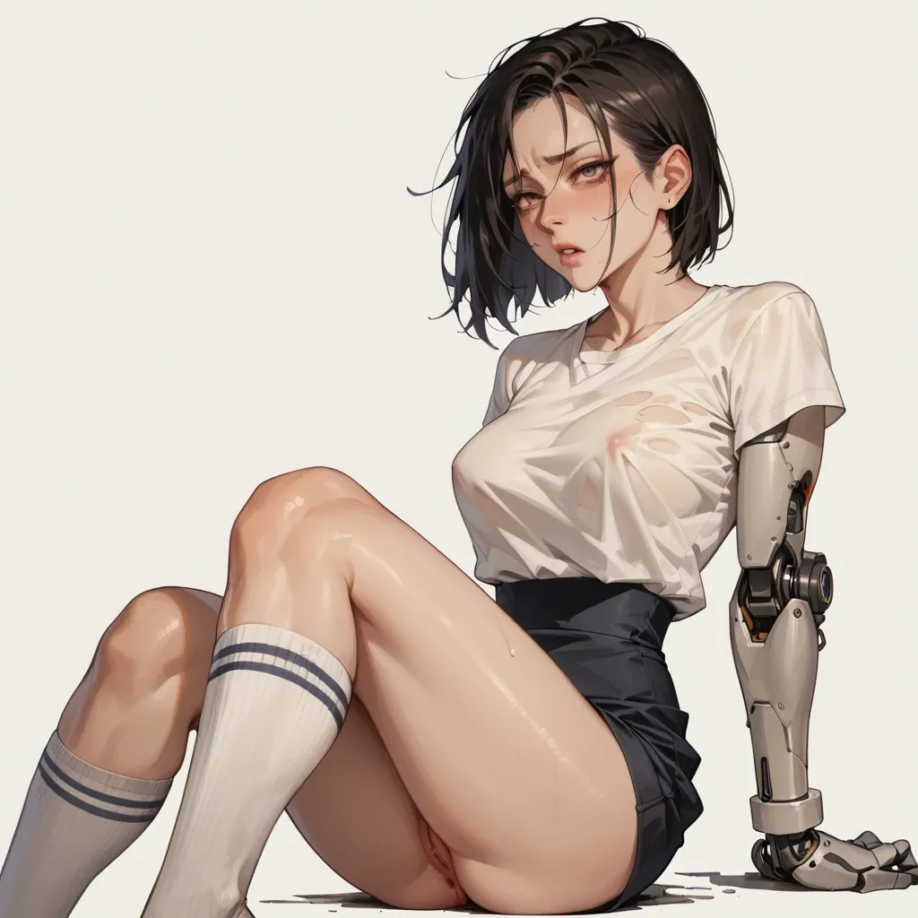 2girl, , , , cheek bulge,mechanical arm,round boobs,narrow waist,knee socks, shirt off,