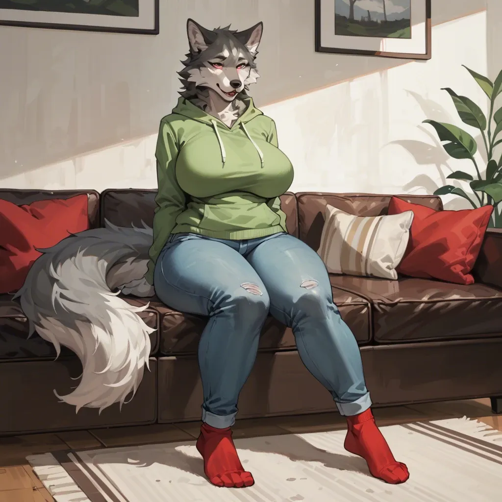 Furry, anthro, wolf,  long tail, full body, Milf, big boobs, curvy hips, grey body, sit on the sofa, green hoodie, jeans, red socks, cute face