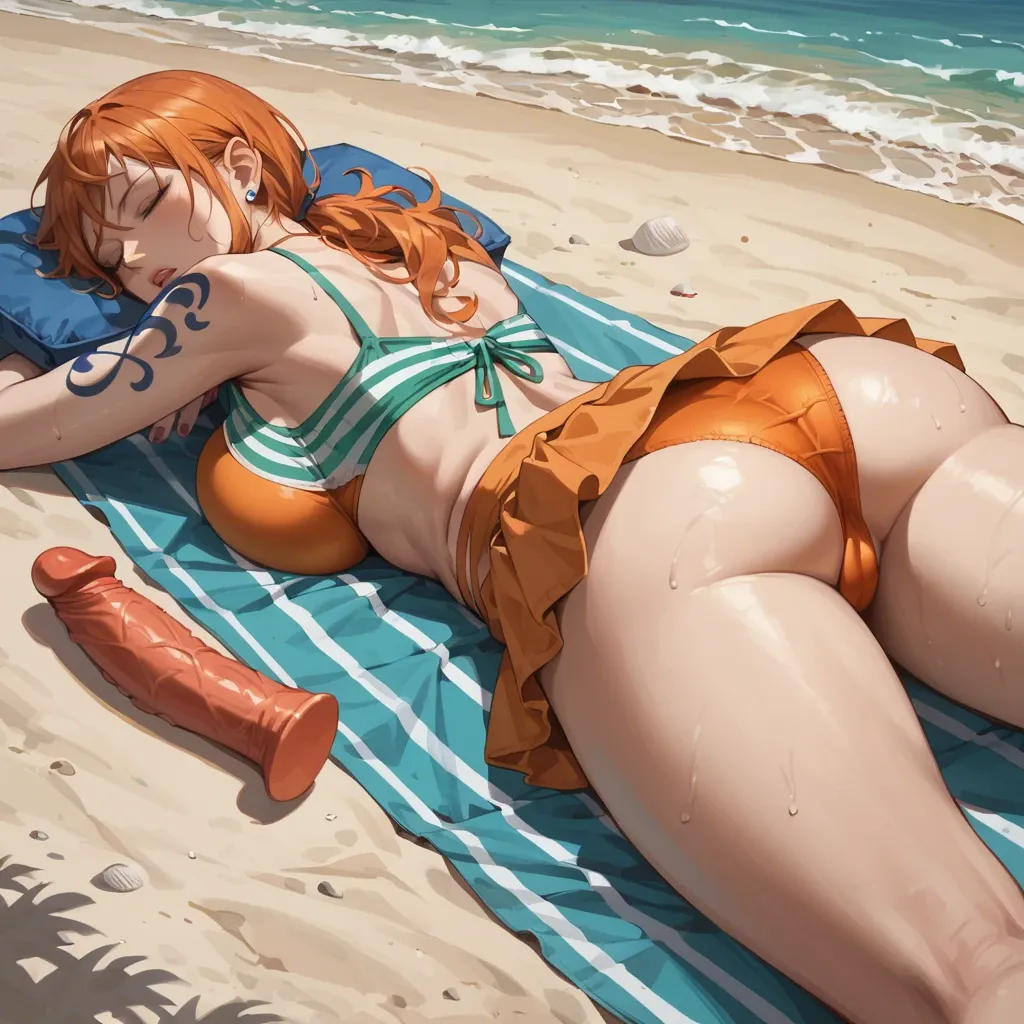 view from under the skirt, Nami from One Rice, orange tight panties. on the beach, dildo on her eyes, sleeping