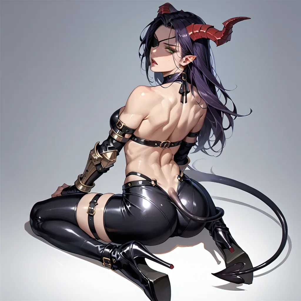 1girl, solo, purple long hair, black right eye patch, green eye, red horns, demon tail, a meager amount of metal armor, black leather leggings, lots of bare skin, bare back, boots with heels, sexy tits, sexy fit ass, collar and leash, on knees