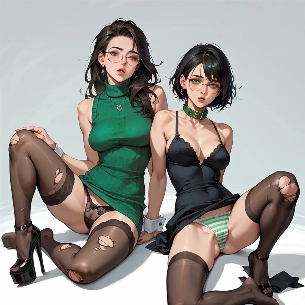 2girl, , , , cute nose,wrist cuffs,perky breasts,slender waist,tank, sweater,thighhighs,circle glasses,panties visible,platform heels, torn dress,striped clothes,green collar,lace panties,no shoes, bedroom eyes, male restrained, castle, shelf, gamer bedroom, photorealistic, dark eyeshadow, princess peach, spider-gwen, hatsune miku