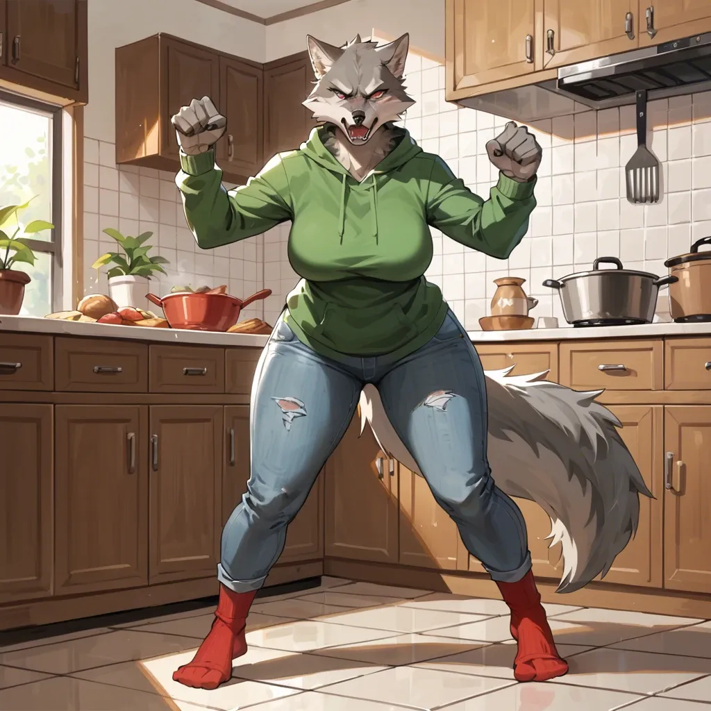 Furry, anthro, wolf,  long tail, full body, Milf, big boobs, curvy hips, grey body, stay in the kitchen, angry pose,  green hoodie, jeans, red socks, cute face,