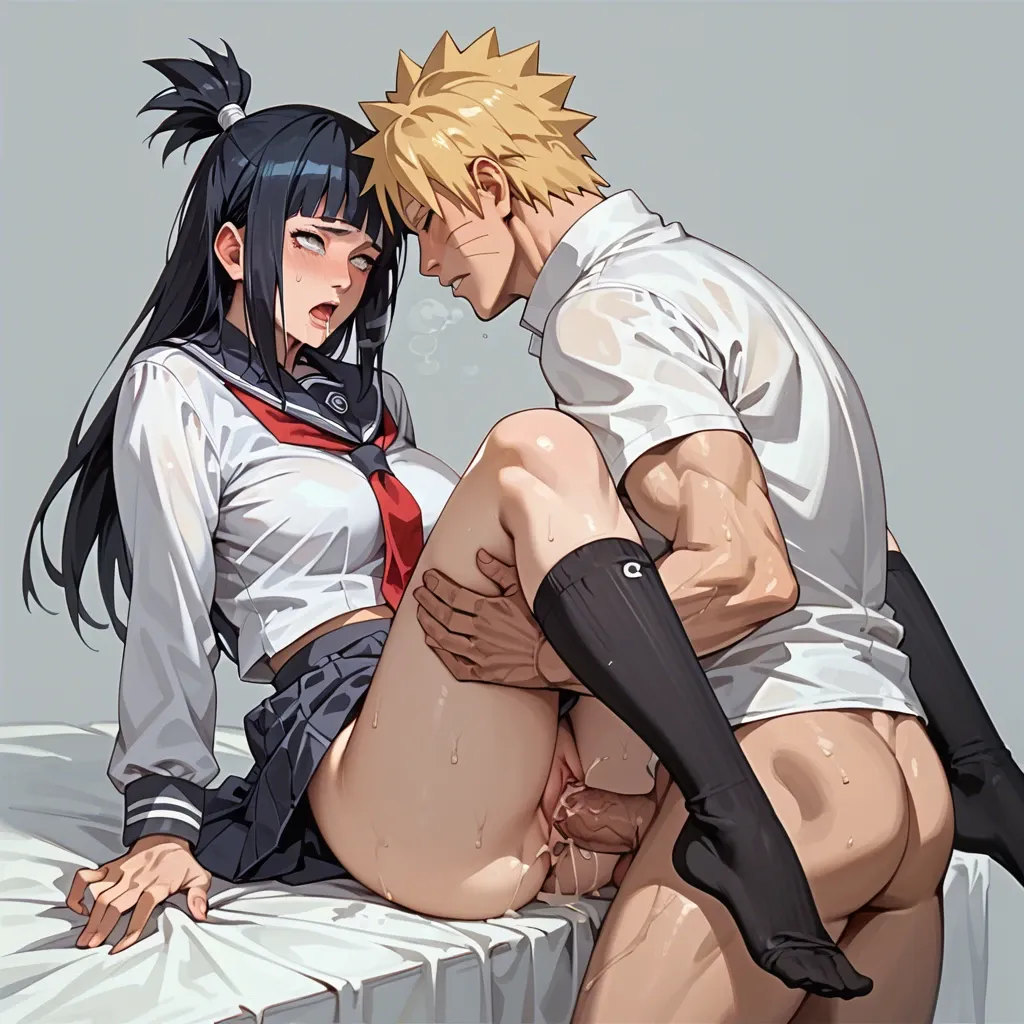 hinata hyuga from naruto, 1 girl, 1 boy, messionary, school uniform, high socks, sex