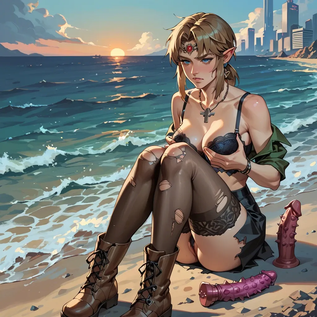 2girl, , , , cheek,knees,big perky boobs,hand on breast,knees up, torn skirt,stockings,shaped jewelry,bra,brown boots, bedroom eyes, ocean, cyberpunk, spiked dildo, anime, late night, link, rapunzel waifu