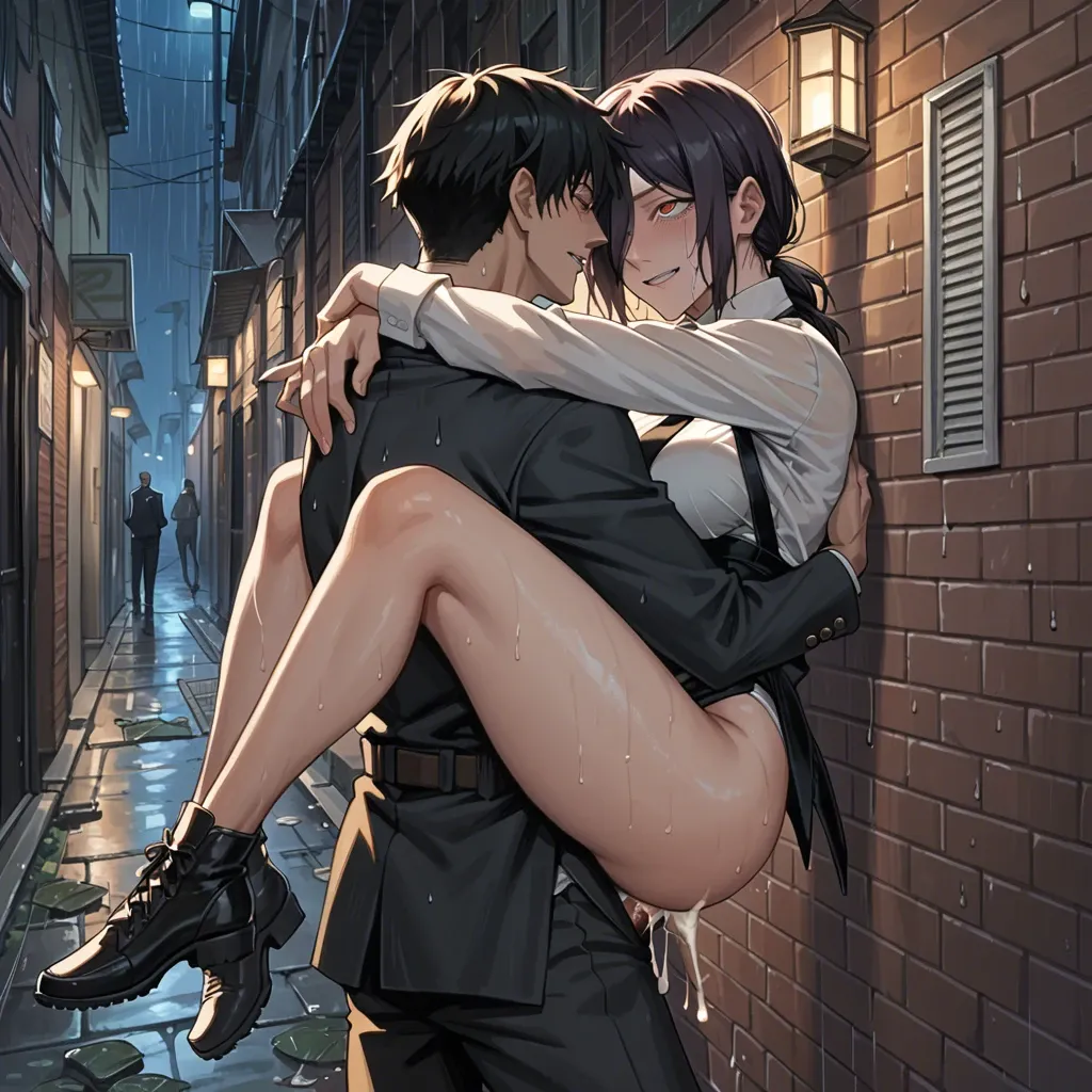 1boy, 1girl, Reze (Chainsaw Man), source_anime, anime, against wall, alleyway, rain, night, suspended congress, leg lock, arm lock, cum, rolling eyes, smile, vaginal