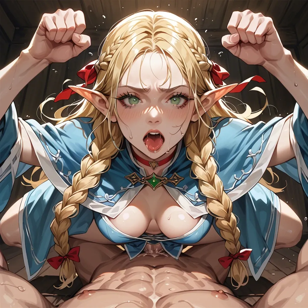 long hair, blonde hair, braids, green eyes, pointy ears, elf ears, red hair ribbon, red choker, light blue capelet, blue robe, pov view, hard core fucking pose,