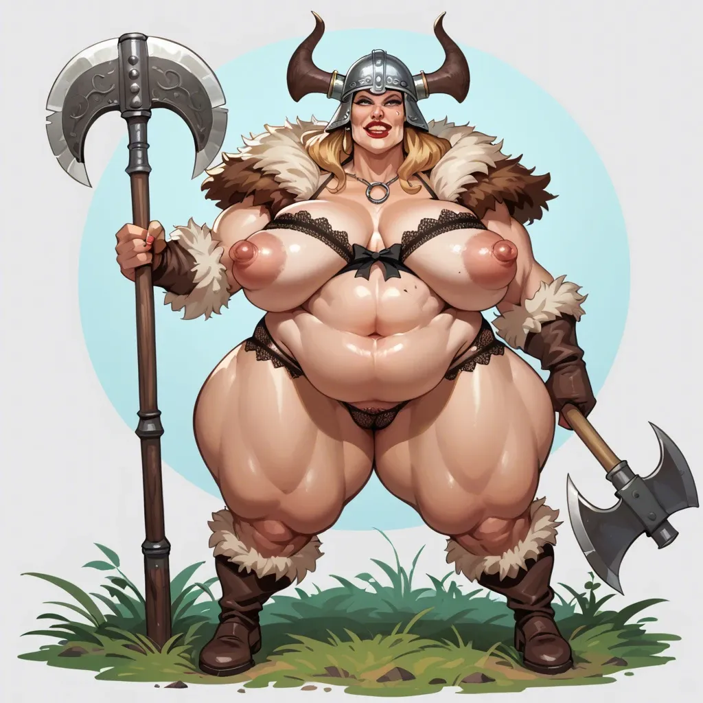 cartoonish view of blonde viking milf, huge fat inflated saggy tits with huge puffy nipples, fur lingerie, axe, helmet