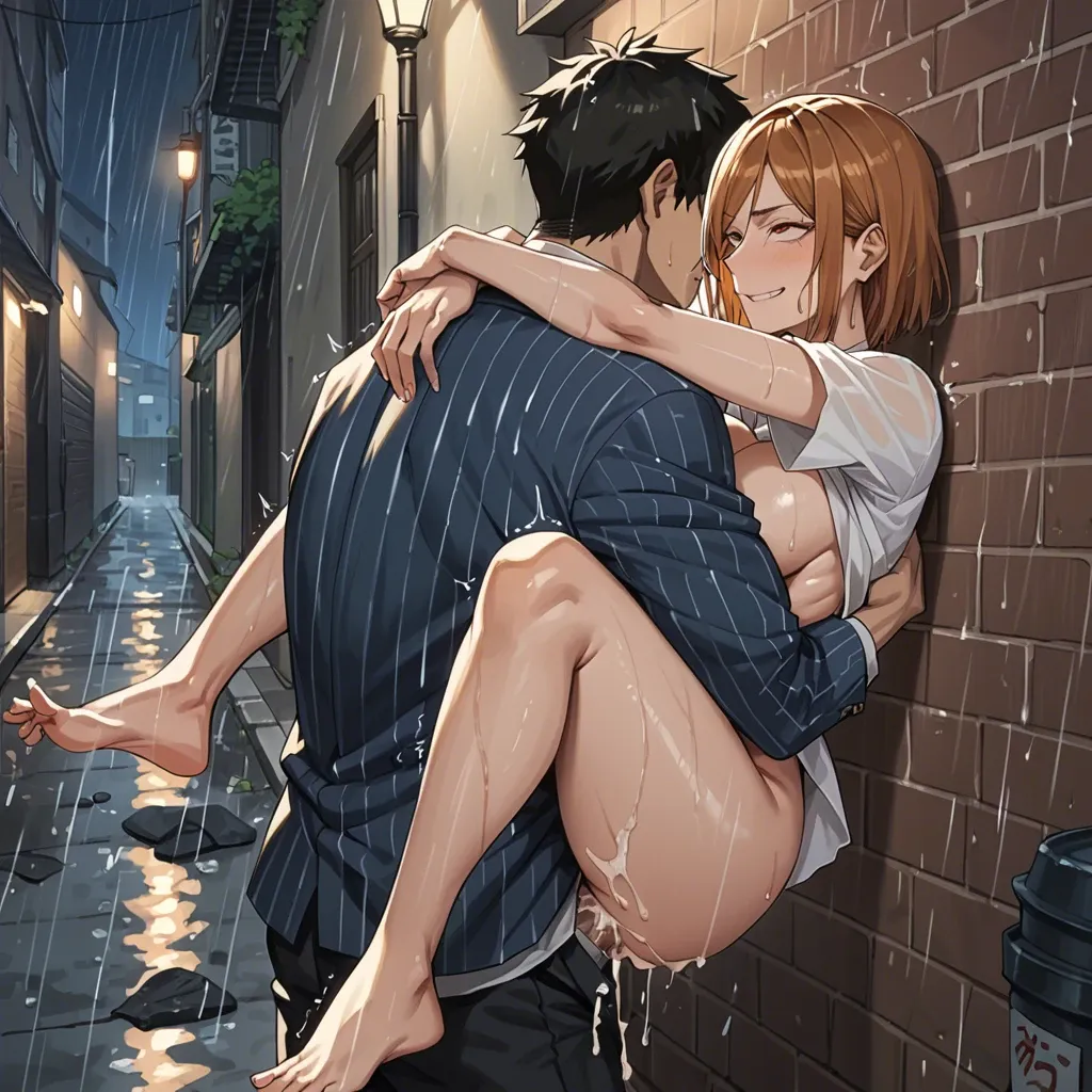 1boy, 1girl, Nobara Kugisaki, source_anime, anime, against wall, alleyway, rain, night, suspended congress, leg lock, arm lock, cum, rolling eyes, smile, vaginal