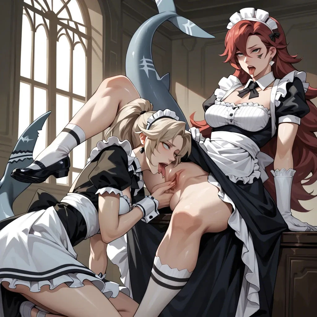 Zenless Zone Zero,3 girls,zhu yuan,belle , ellen joe,ahegao, Cunilingus,shark's tail,maid costume