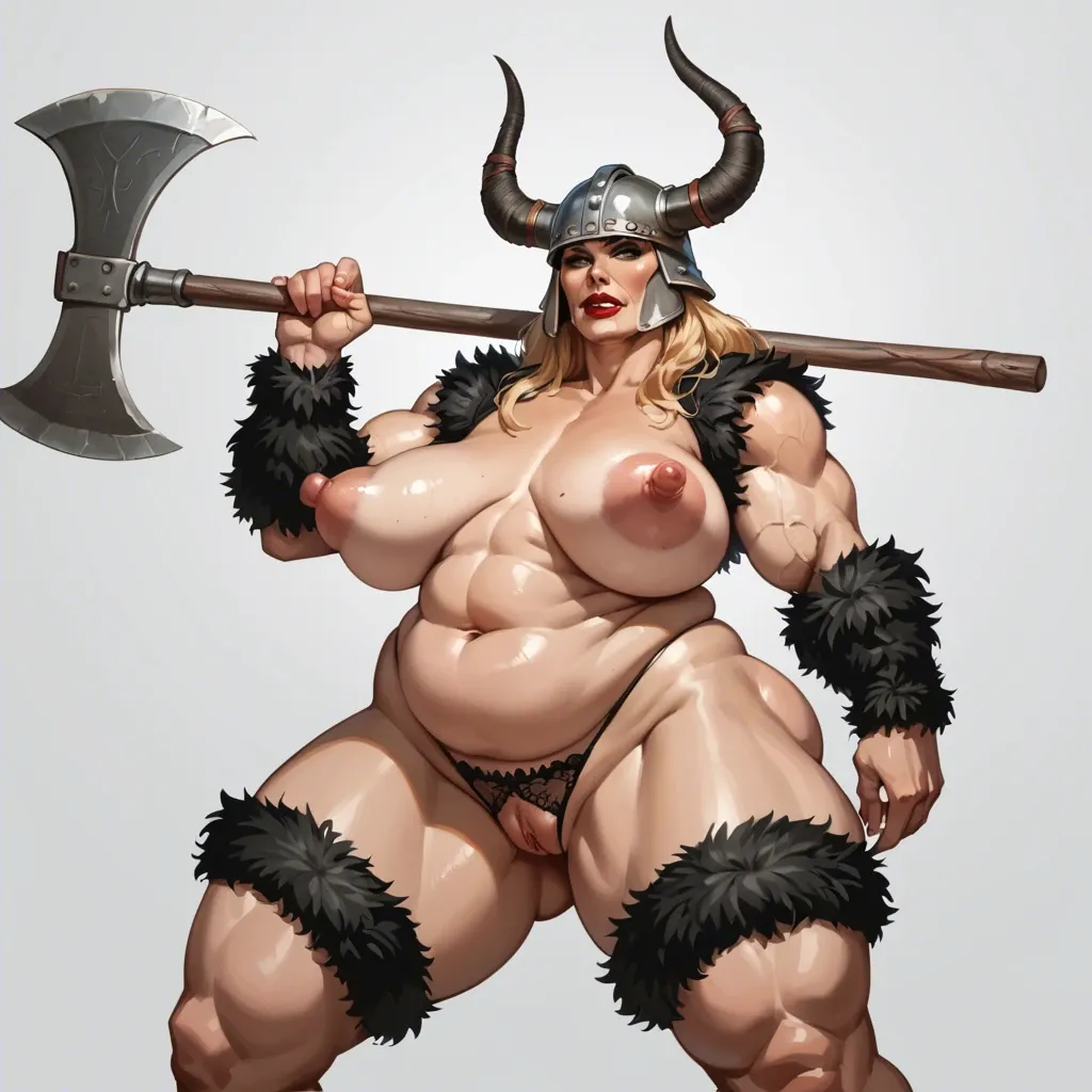 cartoonish view of hot blonde viking milf, huge fat inflated saggy tits with huge puffy nipples, fur lingerie, axe, helmet