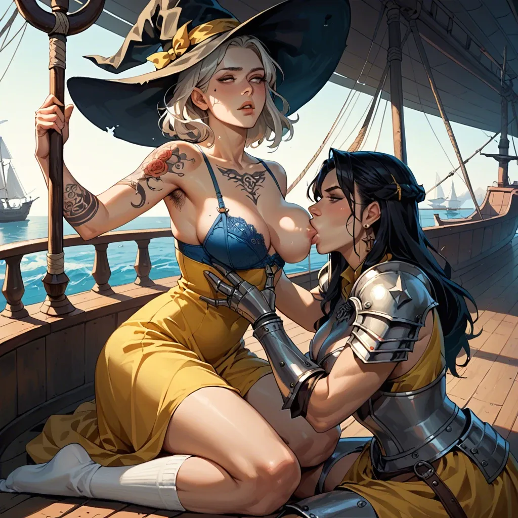 2girl, , , , cheeks,hairy armpits,firm breasts,breast sucking,palette, eye lighting,arm tattoos,round big tits,ship,fat neck, yellow dress,white socks,witch hat,blue bra,armored boots, bathroom, depth of field, medieval, ball gag, link, elsa hair, waifu