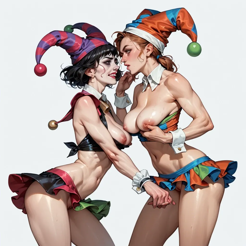 2girl, , , , areola slip,hand on head,saggy breast,grabbing head,wrist cuffs, strong jaw,tied hands,big perky boobs,back arched,knees apart, micro skirt,striped clothes,jester cap,black bikini,boots, royal bedroom, street, cyberpunk, camera, headphones, source anime, at night, sweetie belle, rapunzel waifu