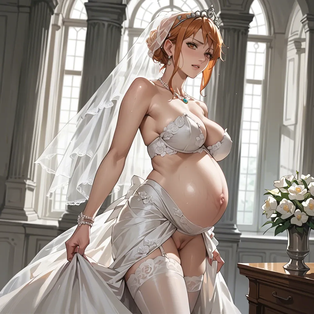 pregnant Nami, wear wedding dress, standing