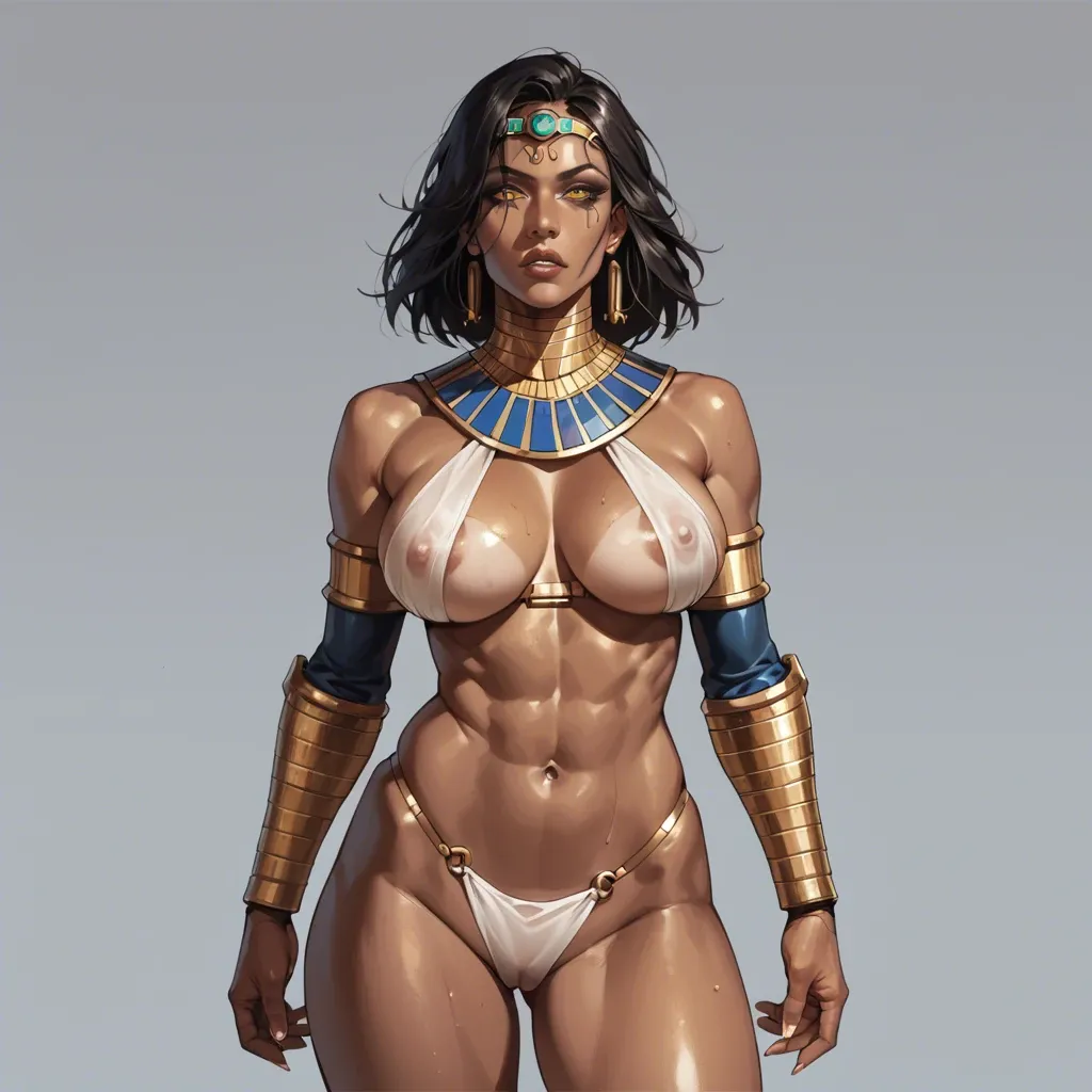 Robot milf, yellow eyes, dark skin, large breasts, Egyptian design, bikini armor