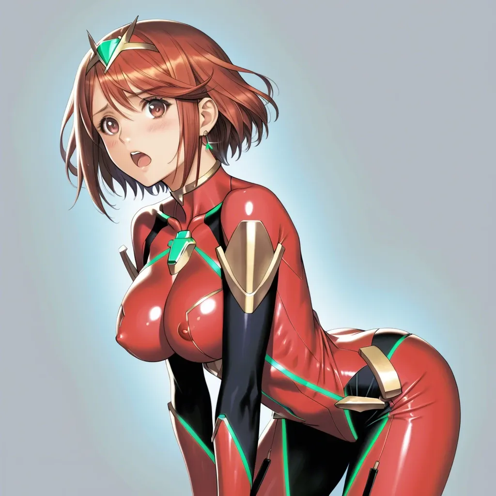 tony_taka style,@pyra bodysuit cosplay, open mouth, looking at viewer,