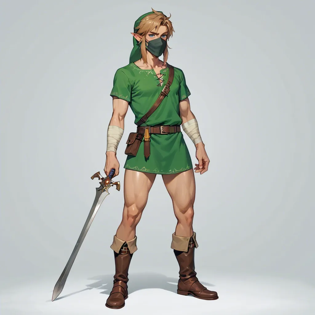 Link from a legend of zelda full body holding a mask in front of his face while standing.