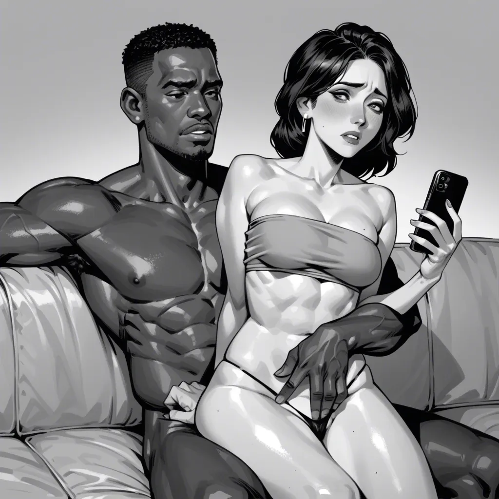 Black and white,big hero, aunt cass, boy, interracial, thong, tube top , shy, manga style, comic text dialogue, sofa, sitting on lap, grab pussy, taking picture, holding phone