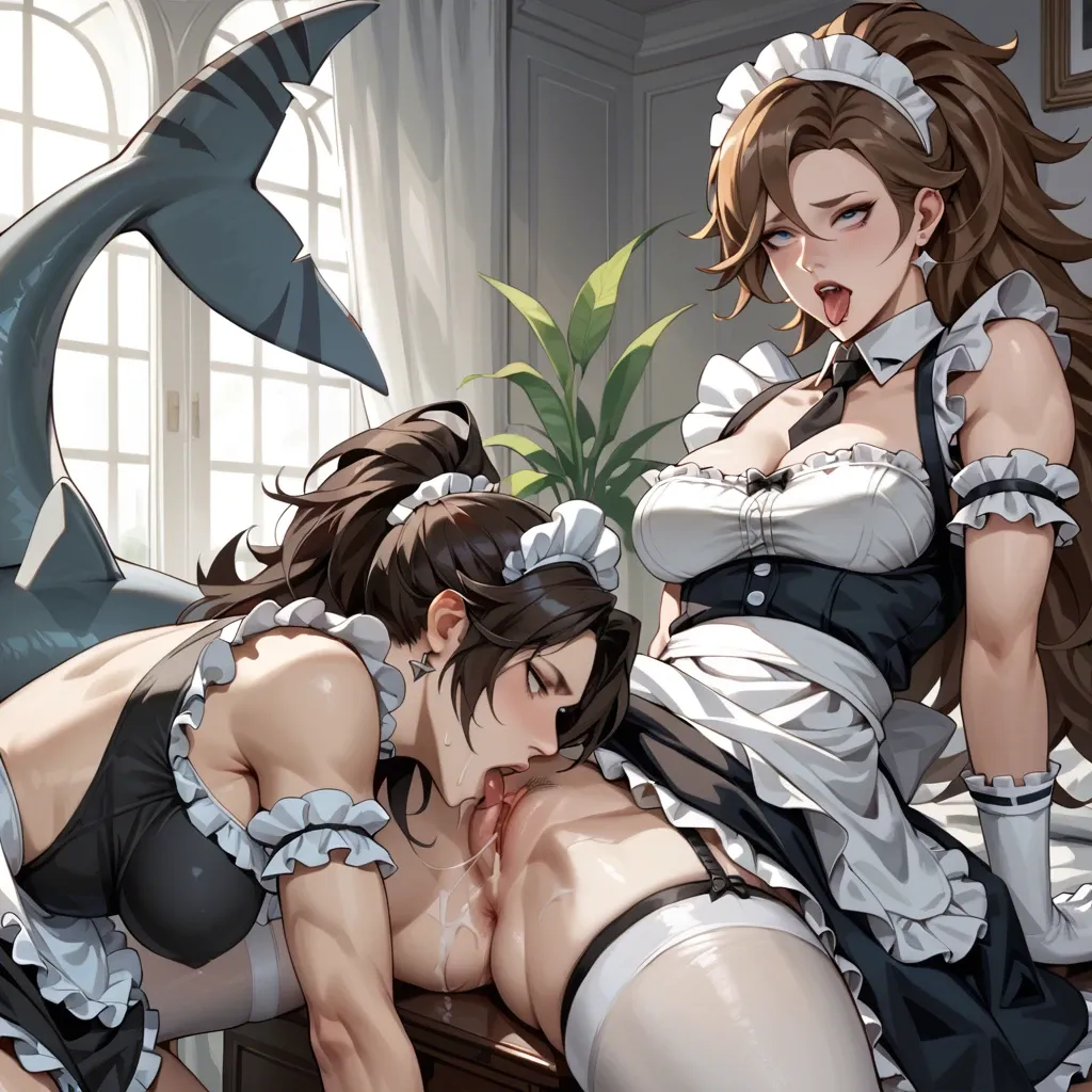 Zenless Zone Zero,3 girls,zhu yuan,belle , ellen joe,ahegao, Cunilingus,shark's tail,maid costume