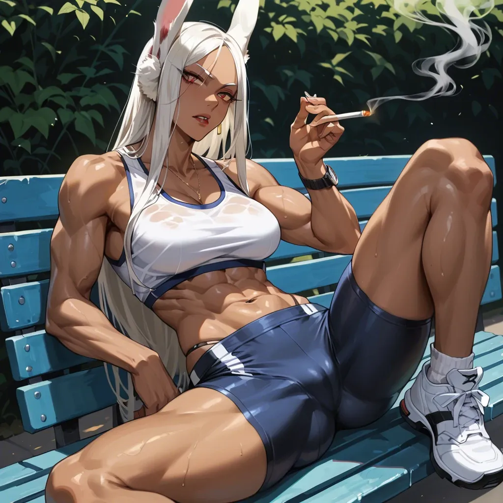 Miruko is sitting on a bench after exercising and smoking a cigarette, (anime styled illustration)