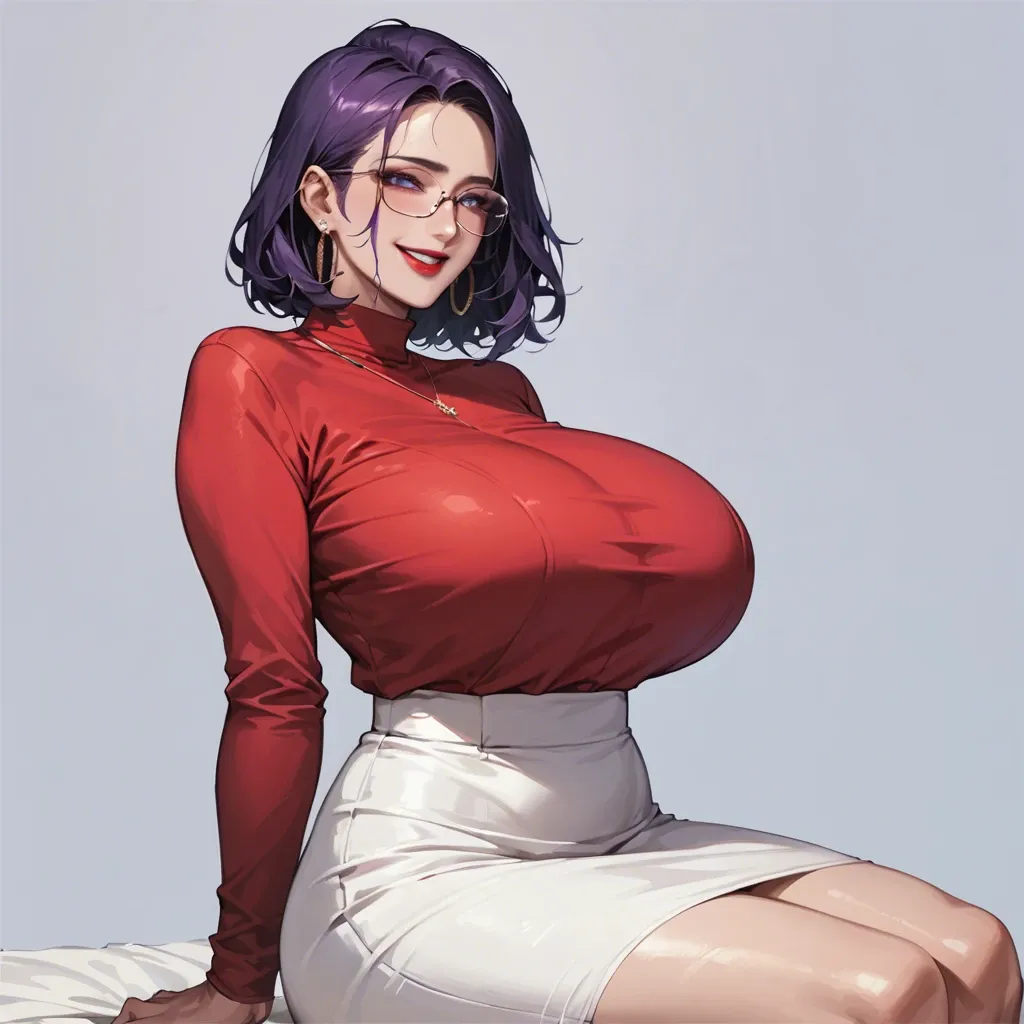 Korean Milf, layered bob, purple hair, purple eyes, lipstick, oval glasses, massive breasts, hourglass figure, red shirt, white skirt, smiling, sitting