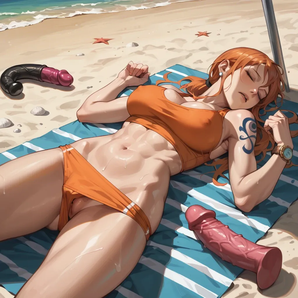 view from under the skirt, Nami from One Rice, orange tight panties. on the beach, dildo on her eyes, sleeping, hooligans pulled down panties