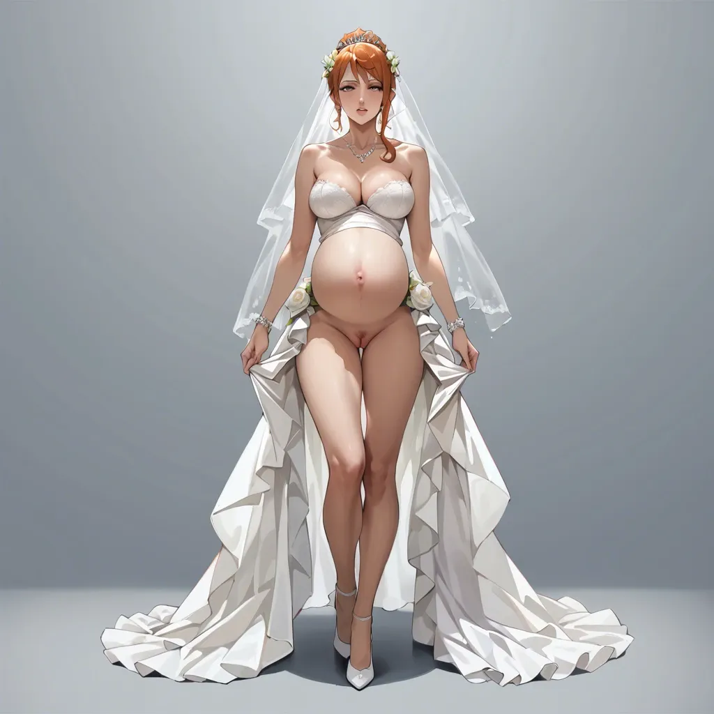 pregnant Nami, wear wedding dress, standing