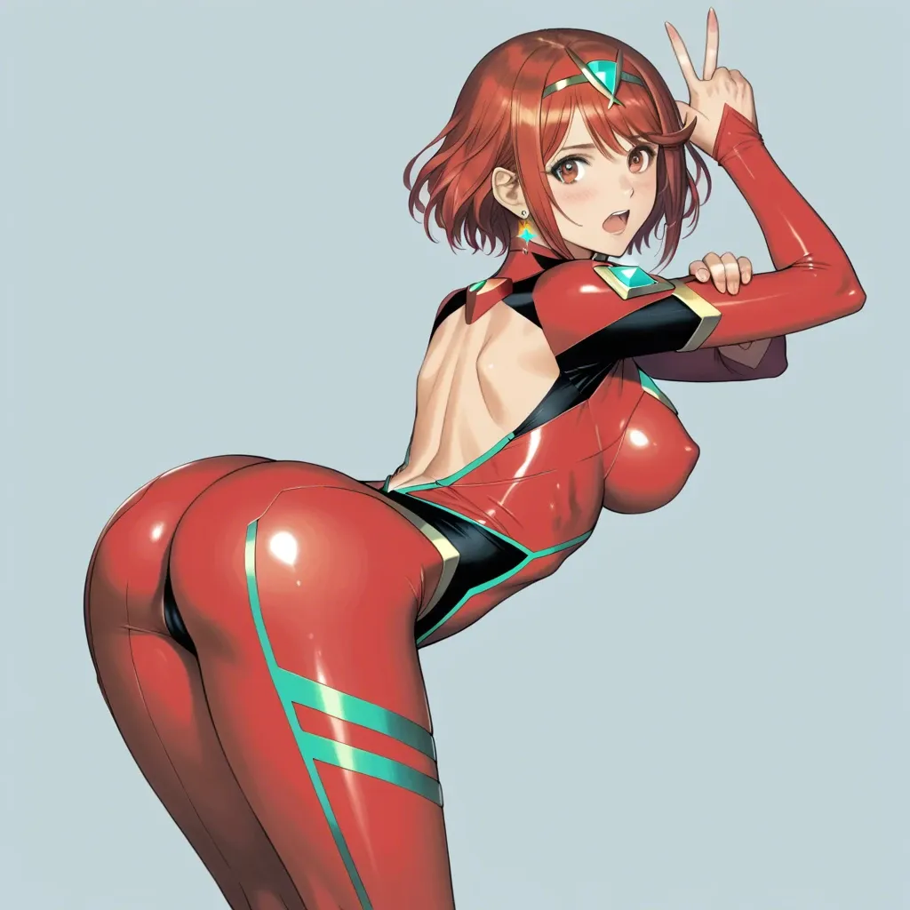 tony_taka style,@lum,@pyra bodysuit cosplay, peace sign pose, open mouth, looking at viewer, ass