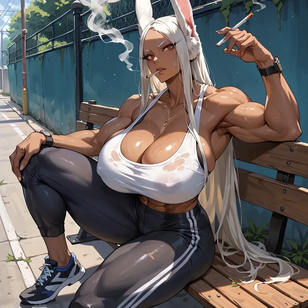 Miruko is sitting on a bench after exercising and smoking a cigarette, (anime styled illustration), she has huge gigantic massive tits