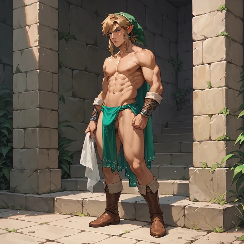 Link from a legend of zelda full body holding a cloth in his hand infront of his face while standing.