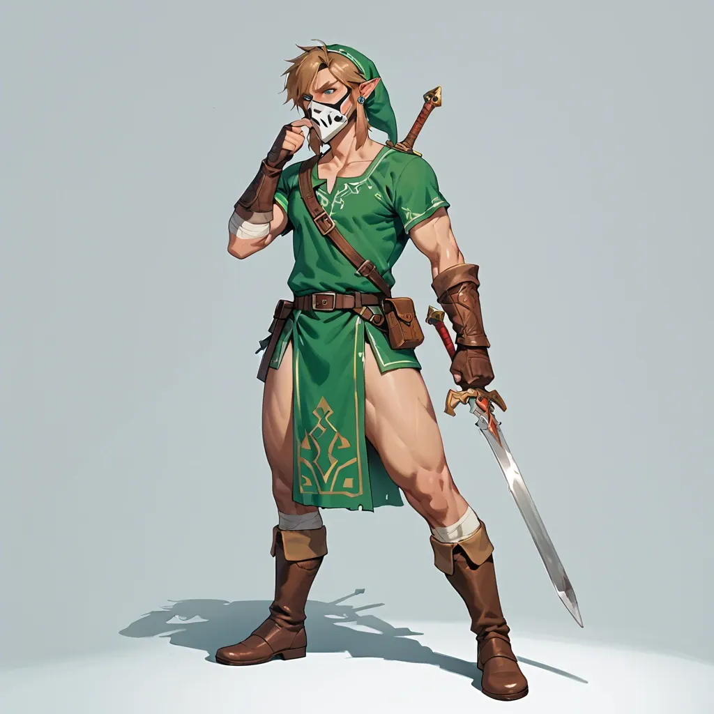 Link from a legend of zelda full body holding a mask in front of his face while standing.