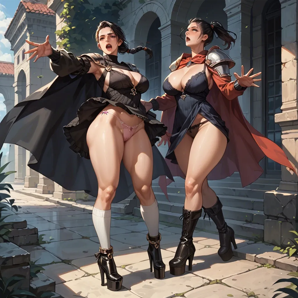 2girl, , , , reaching out,large thighs,big breast,big hips,shoulder pads, black shirt,anklets,hair tie,panties aside,boots, sweater lift,baggy socks,cape,hand on panties,platform heels, nightgown,ice palace,white gloves,white swimsuit,running shoes, bathtub, in the river, cyberpunk, computers, anime screencap, dark lipstick, link, mari makinami