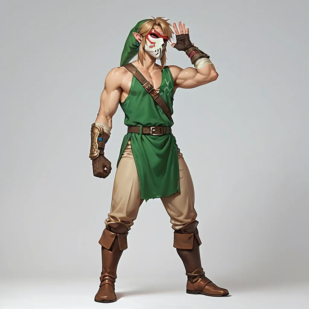 Link from a legend of zelda holding a mask in his in front of his face hand full body  standing