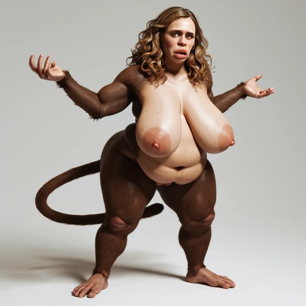 3d, anthro, furry, (chimpanzee), chimpanzee face, chimpanzee snout, Hermione Granger, big brown eyes, sagging breasts, (hyper lips), naked, tail, obese, overweight, weight gain