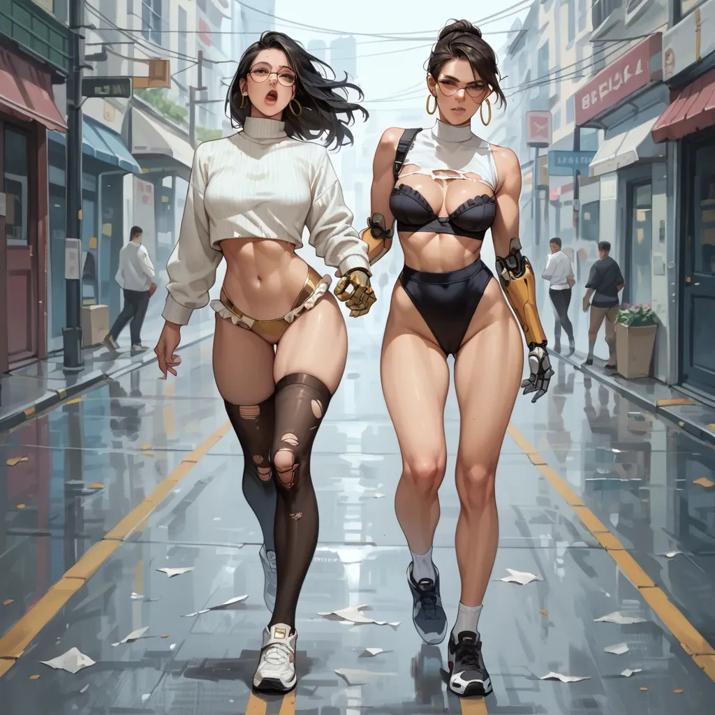 2girl, , , , cheek bulge,mechanical arm,round boobs,narrow waist,knee socks, shirt torn off,sexy stockings,hoop earrings,frilled bikini,black sneakers, white sweater,gold stockings,glasses,black bra,running shoes, in a kitchen, dark alley, medieval dress, throne, tifa lockhart, dynamic view