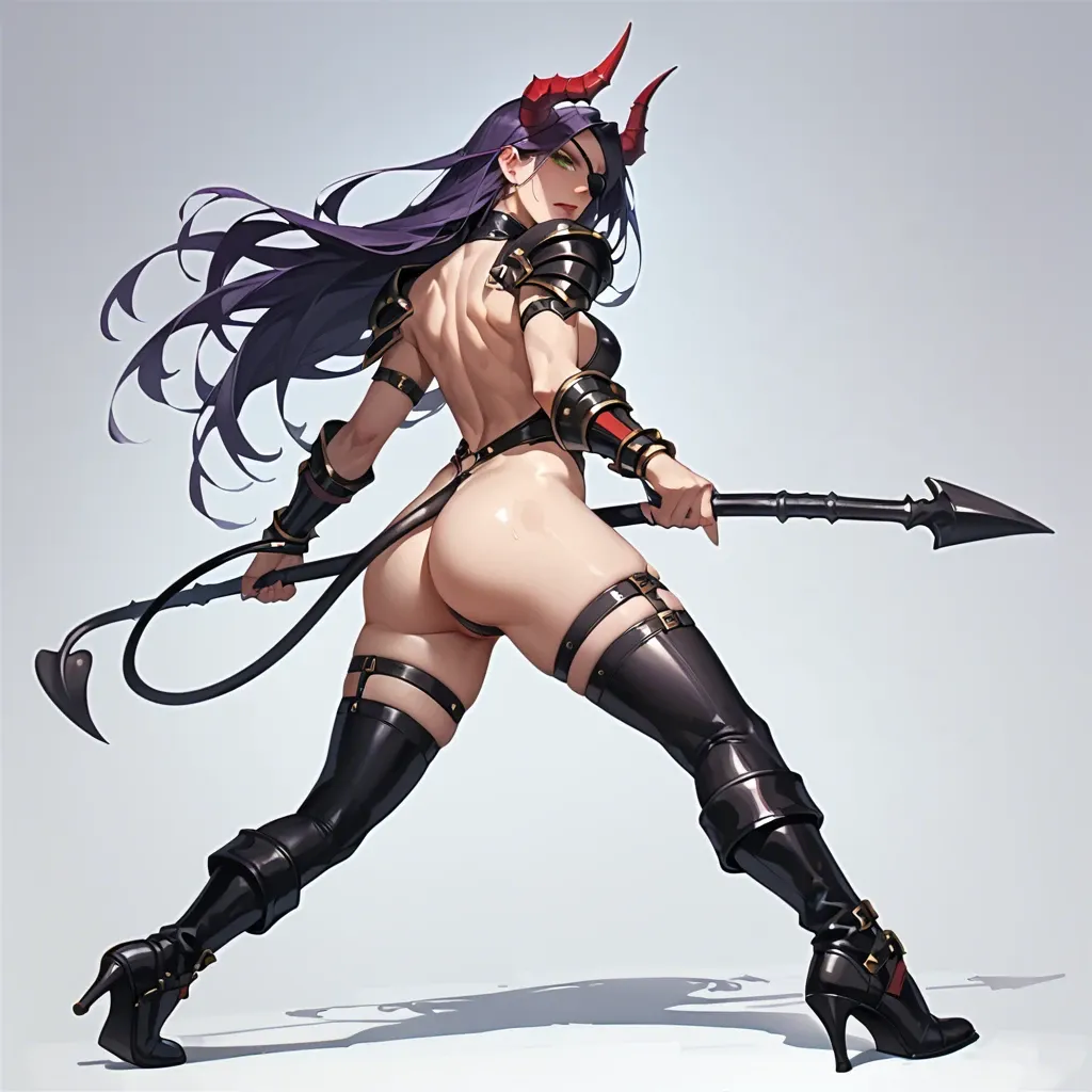 1girl, solo, purple long hair, black right eye patch, green eye, red horns, demon tail, a meager amount of metal armor, black leather leggings, lots of bare skin, bare back, boots with heels, sexy tits, sexy fit ass, collar and leash, on knees